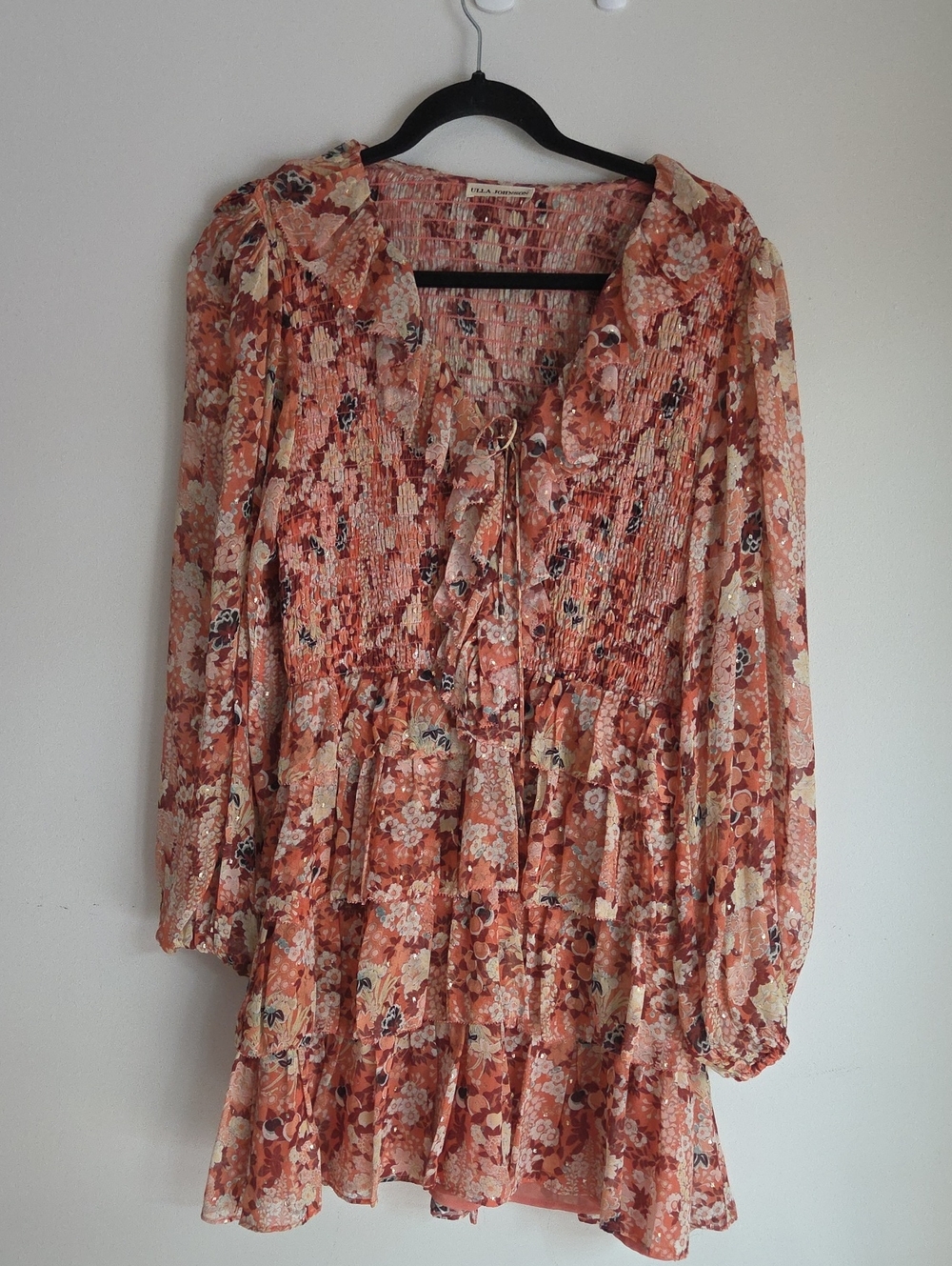 Ulla Johnson Rust & Cream Floral Long-Sleeve Tiered Dress small